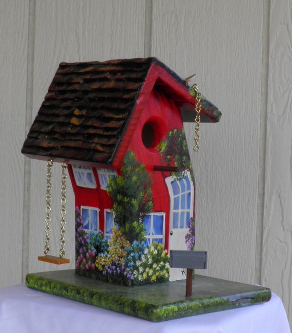 Unique Leaning Bird House Hand Made Hand PaintedOriginal