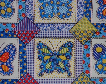 Vintage 1970s Gift Wrap All Occasion Calico Patchwork Butterflies-Blue and Yellows