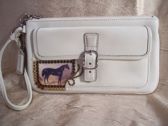 SALE..... White Leather Wristlet Purse with Vintage Horse and