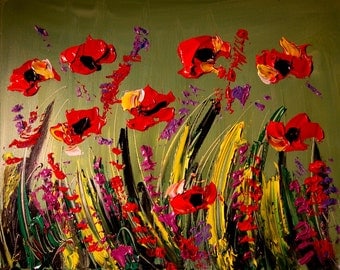 Superb Palette Knife Textured Abstract POPPPIES Painting Original Heavy Texture Impasto Palette Knife Acrylic Wall Décor By Mark Kazav