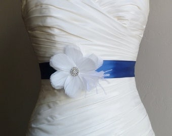 White and Navy Blue Feather Bridal Sash - RIVIERA - Bridal or Bridesmaids Sash - Made to Order