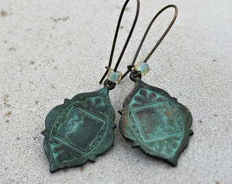 Patina Dangle Earrings, Antique Brass, Teal Earrings, Verdigris Patina Earrings, Bohemian Earrings
