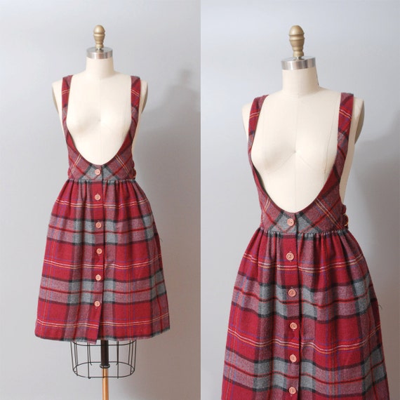 1980s Jumper Dress Plum Plaid Suspender Full Skirt