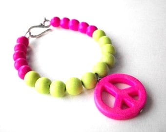 Peace sign bracelet, neon lime green and hot pink and magnesite peace sign bracelet with wooden beads and silver hook clasp, hippie jewelry
