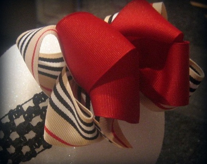 Preppy hair bow, Back to School bow, Striped bows, Double Layered Hairbow, Boutique Hairbow, stacked Bow, BTS bow, Red Hairbow, Big Hair Bow