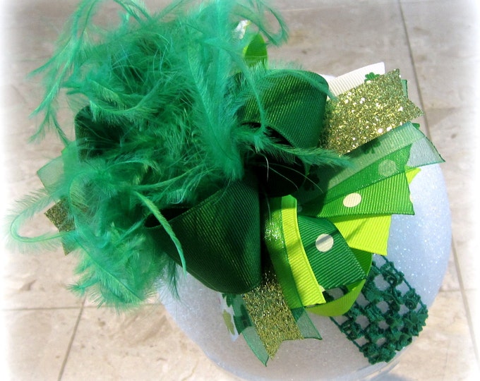 St Patricks Day hairbow, Shamrock Over the Top Bow, Over the Top Hairbow, OTT hairbow, Ostrich Feather Hair Bow, Pageant Hairbows, Green Bow