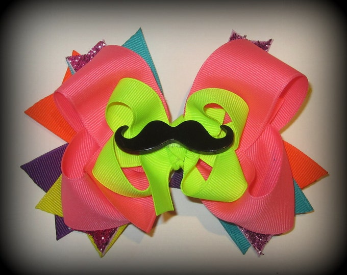 Moustache hairbow, Neon Hair Bows, Rainbow hair bow, Triple Layered Bows, BIG Boutique Bow, Funky Hairbows, Stacked Hairbows, Girls Bows,