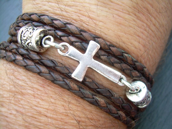 Braided Leather Bracelet Antique Brown Cross Bracelet