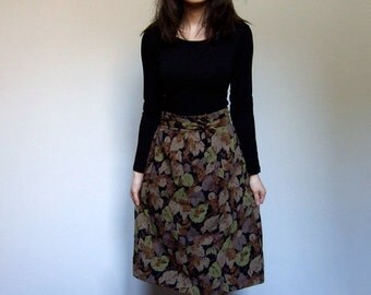 Vintage Leaf Print Wool Skirt Fall Fashion Knee Length Skirt Women Rustic Black Brown - Small S