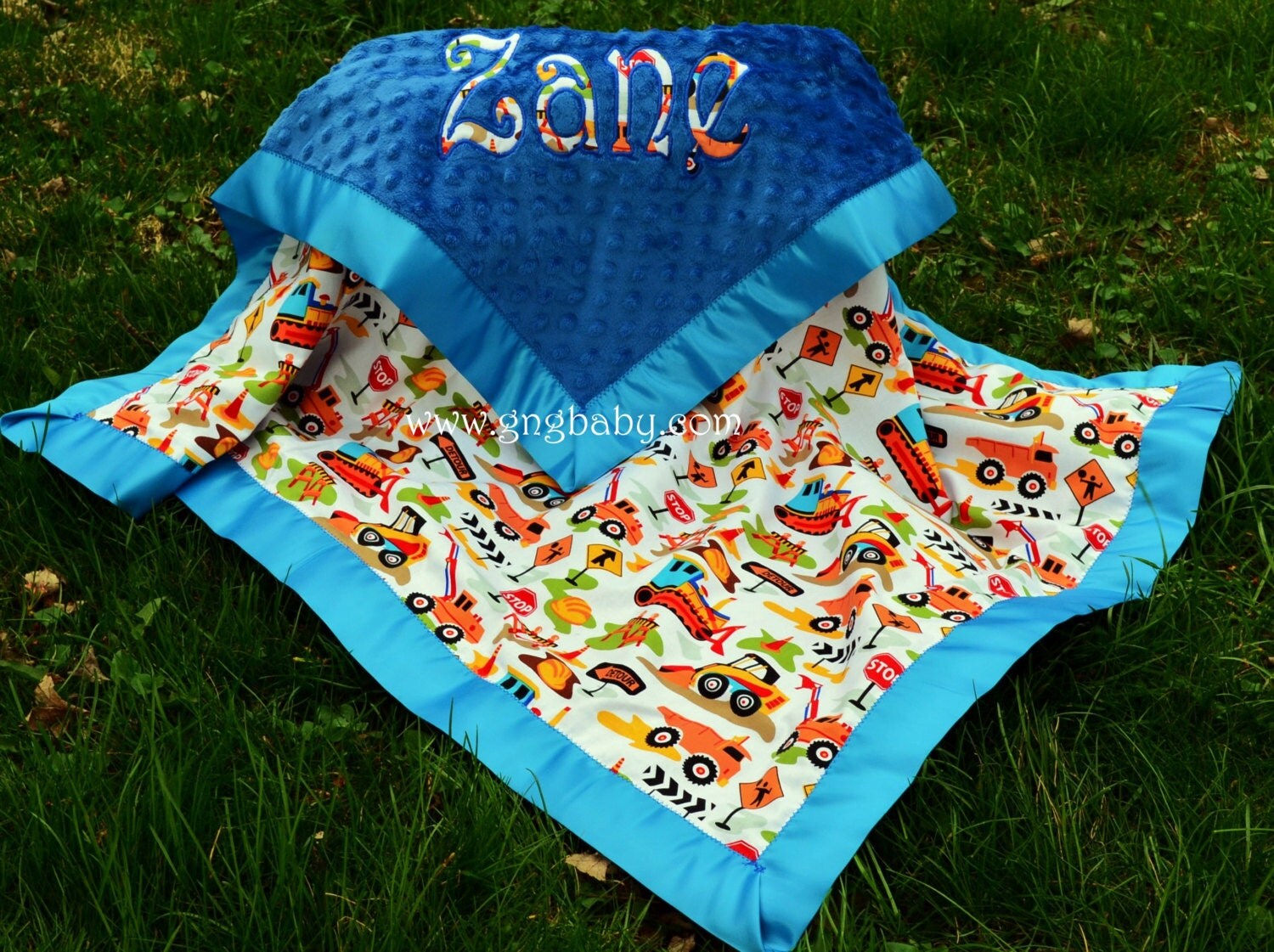 Baby Boy Blanket Dig It Construction Royal Blue Minky