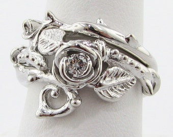 Thorned Rose Wedding Set, Silver & Diamond