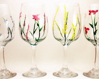 Hand painted wine glasses with wild flowers, wild flower wine glasses, best seller set of 4