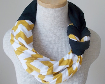 Half Braided Knot Scarf - Mustard and White Chevron and Black