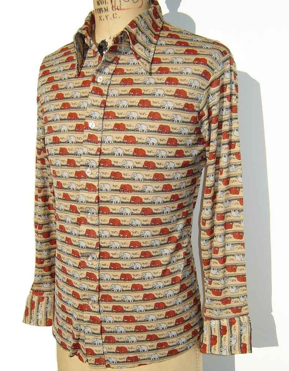 Vintage 70s Huckapoo Shirt Mens Elephant Disco Novelty Print L