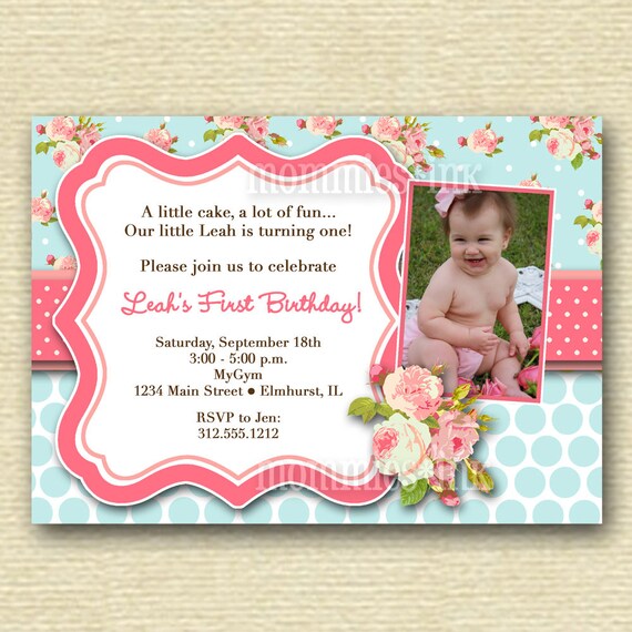 Blue Shabby Chic Pink Roses with Pink Polka Dots Photo Birthday Party Invitation Invite - PRINTABLE INVITATION DESIGN Il_570xn