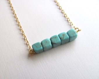 Turquoise cube beads on 14k gold plate chain, geometric minimalist necklace