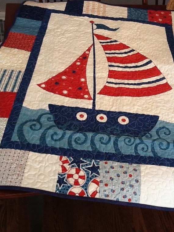 nautical boat quilt sailing ship baby quilt in blue and red