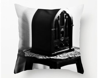 The Old Radio black white accent pillow - home decor, nostalgic novelty pillow, scatter cushion, pillow cover, cushion cover,