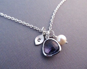 Amethyst Necklace, Silver February Birthstone Necklace, Leaf with Initial, Jewel, and Pearl, Personalized Necklace, February Birthday Gift