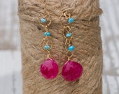 Ruby Briolettes with Turquoise Earrings | Drop Earrings | Dangle Earrings | Gemstone Jewelry | Turquoise and Gold | Rubies | Dangle + Drop