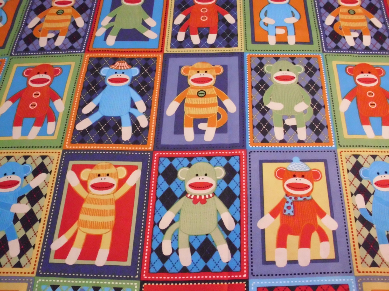 Fabric Remnant Sock Monkey Print 1 yard Quilting by AuntBsAttic