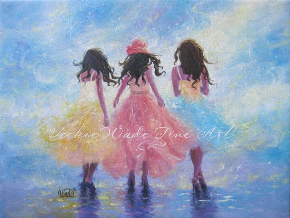 Three Sisters Original Oil Painting three fashion girls pastel