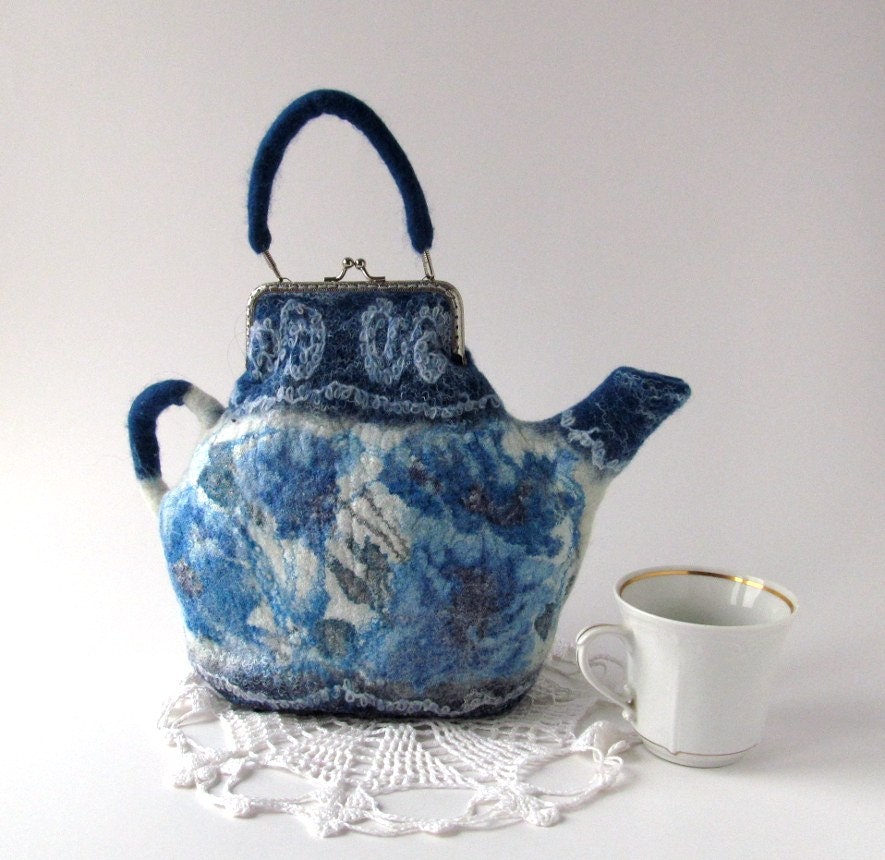 Felted teapot purse Blue white handbag