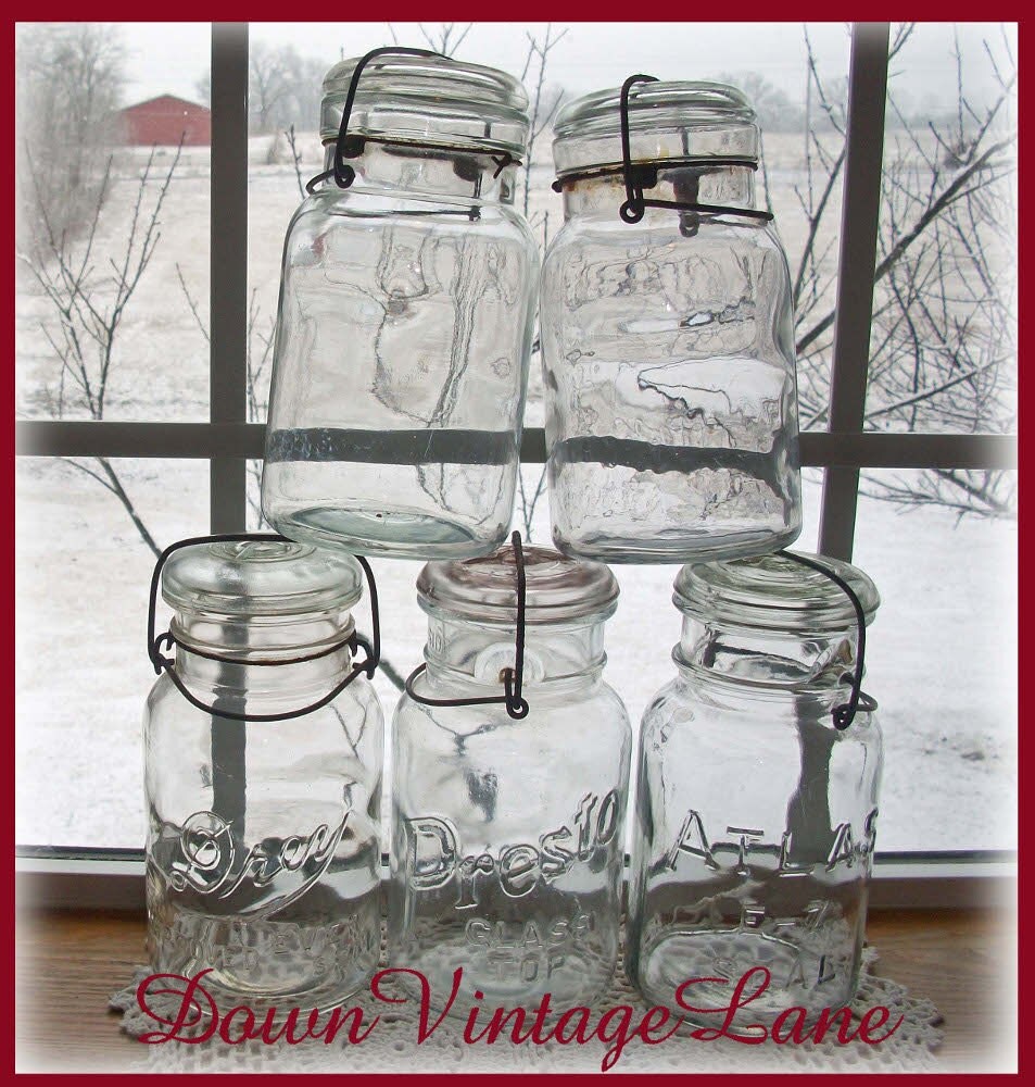 5 Clear Mason Jars with WIRE Handles Quart Size