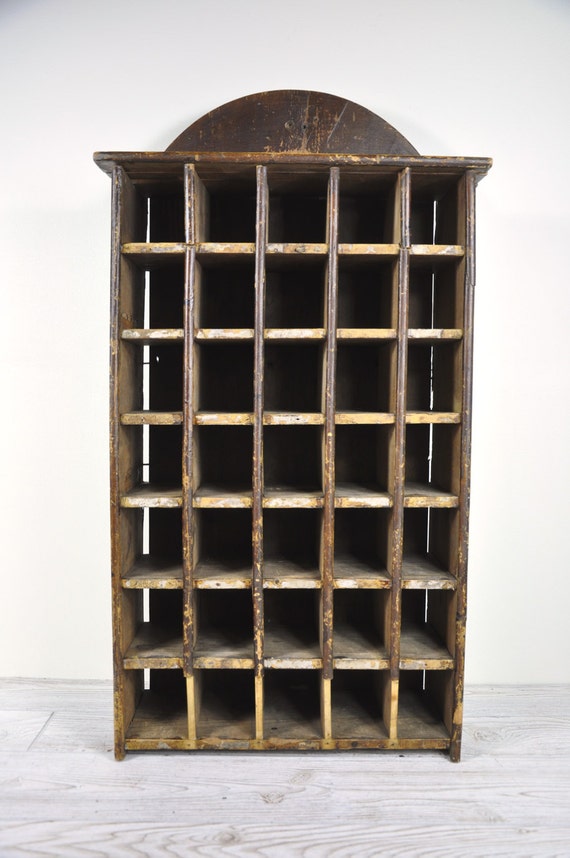 Antique Mail Sorter Cabinet / Industrial Wood Cabinet