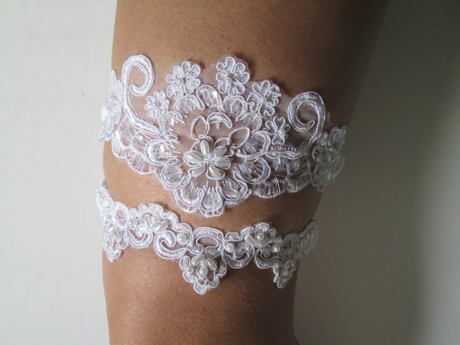 White Lace Wedding Garter Set White Alencon Pearls And Lace 