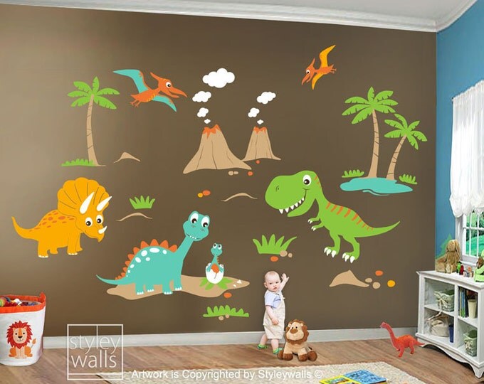 Children Wall Decals Dino Land Dinosaurs Wall decal Wall Sticker HUGE Set - Nursery Kids Playroom Vinyl Wall Decal Sticker Baby Room Art