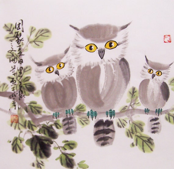 owls paintings Original chinese painting oriental art