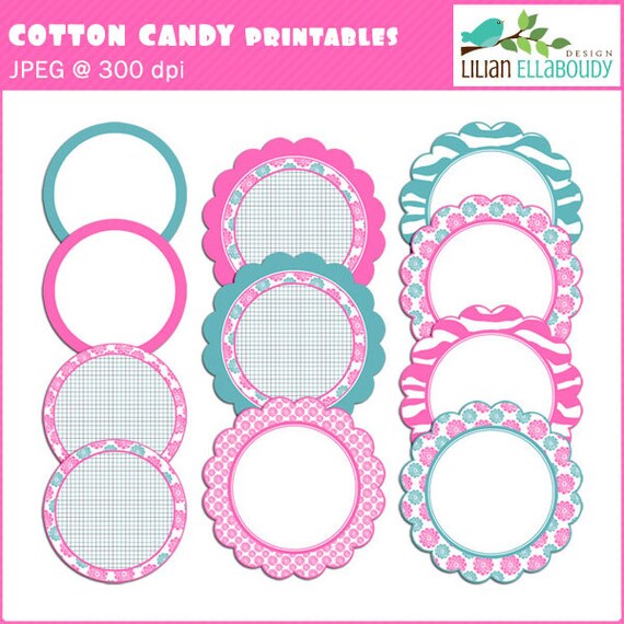 Cotton candy, digital printable round labels, frames, journaling, tags ...