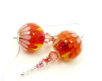 Orange & Pink Earrings, Lampwork Earrings, Glass Earrings, Glass Bead Earrings, Beadwork Earrings, Colorful Earrings, Lampwork Jewelry