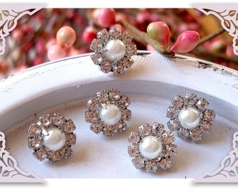 10 pieces - 11mm Mini Crystal WHITE Pearl Rhinestone Buttons Embellishments - wedding / hair / dress / garment accessories Flower Center