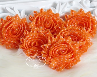 Set of 6 Shabby Frayed Vintage look Chiffon Rosette Flowers - Orange with White Polka Dots