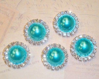5 pcs - 20mm Silver Metal TURQUOISE Pearl (no.6) Crystal Rhinestone Buttons Embellishments w/ shank - wedding / hair / Flower Center