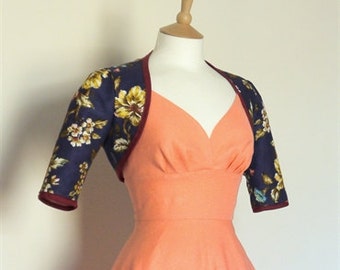 Dark Blue Wild Rose Print Bolero Jacket - Made by Dig For Victory