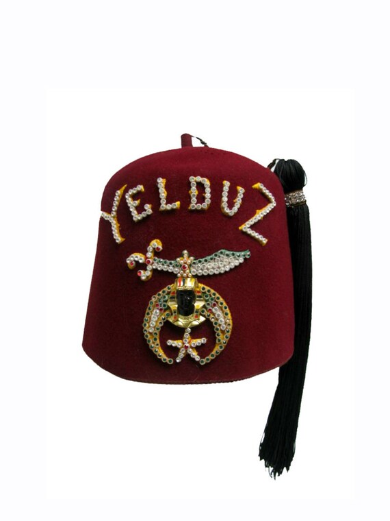 Vintage Shriners Fez Hat Ornate Yelduz Red Masonic Tam with