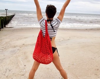 Red Oversized Beach Bag - Crochet K nit - Market Tote - Ready To Ship ...