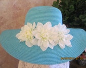 Turquoise wide brim hat with white flowers - Womens floppy hat - Turquoise floppy hat -