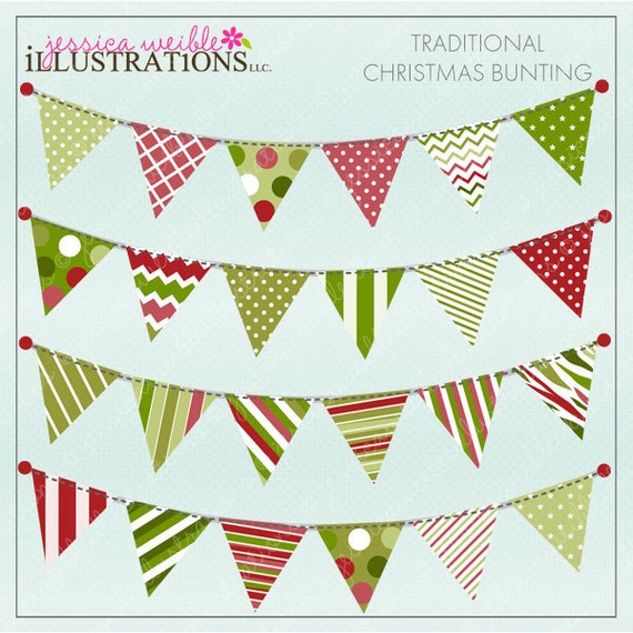 Traditional Christmas Bunting Cute Digital Clipart for Invitations, Card Design, Scrapbooking, and Web Design, Garland Bunting Clipart Il_570xn