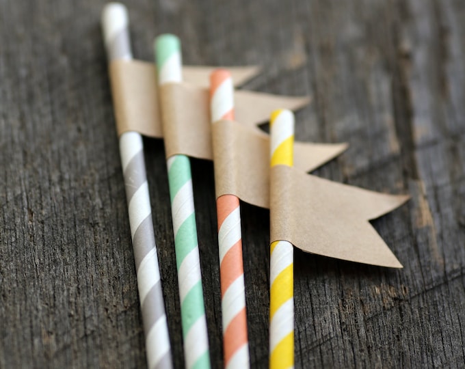 Paper Straws with Kraft Flag - set of 6 - Great for Parties & Weddings - Party Drinks, Cake Toppers, Gift Toppers, Favors