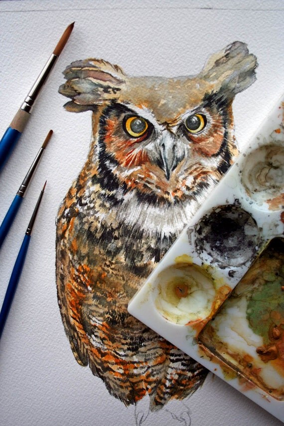 Owl Painting Great Horned Owl Watercolor Painting Original