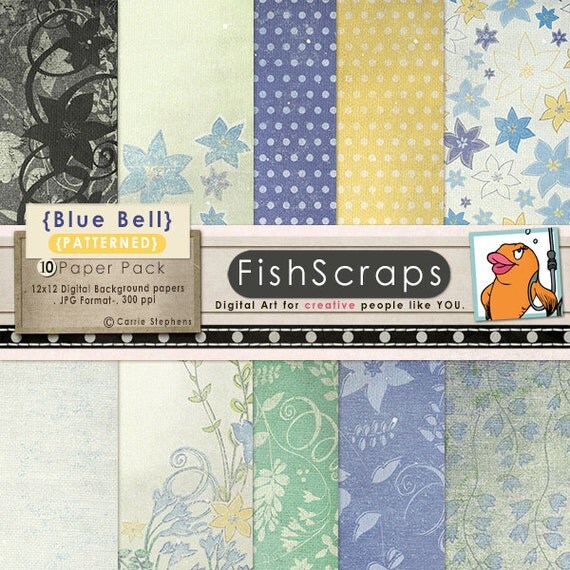 50% Sale - Blue Bell Textured Digital Papers - Spring Periwinkle, Floral & Yellow Backgrounds - Scrapbooking - Blog Backgrounds Il_570xn