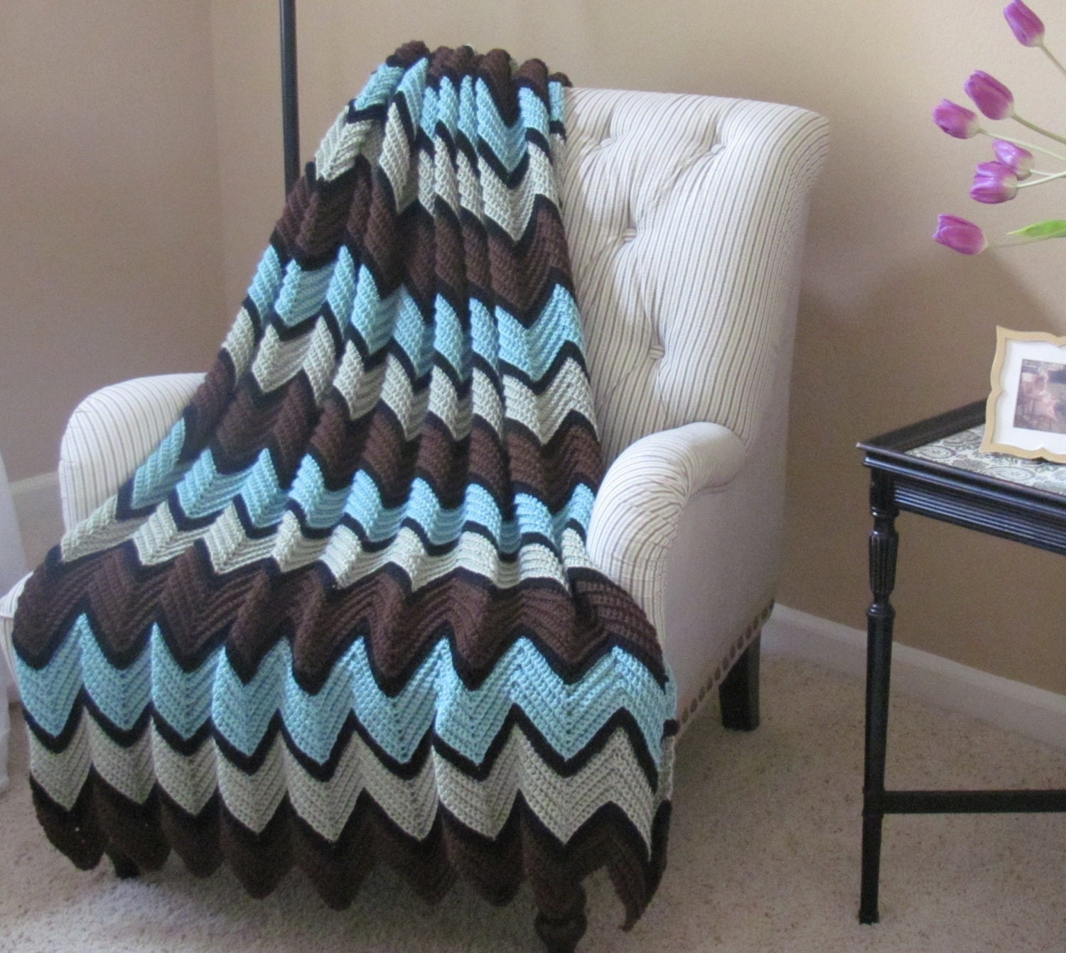 Hand Crochet afghan Zigzag Pattern Fits top of twin size