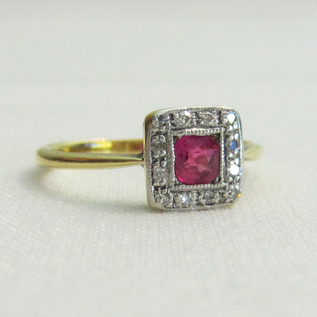 RESERVED. Antique Ruby Engagement Ring with Diamond Halo.