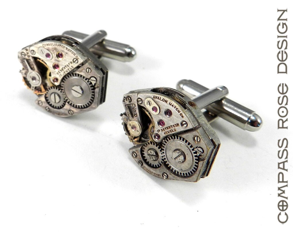 Steampunk Cufflinks Vintage Ruby Jeweled Mens Watch Cuff Links