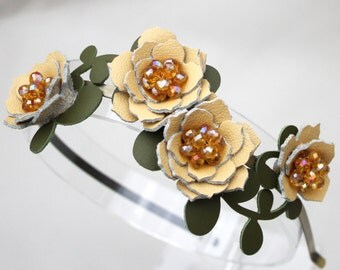 Bridal hair flower headband yellow headband wedding hairpiece leather headband with crystal beads woodland wedding prom wearable art
