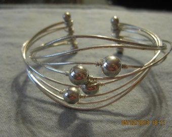 Silver Wire Wrapped Beaded Cuff Bangle Bracelet